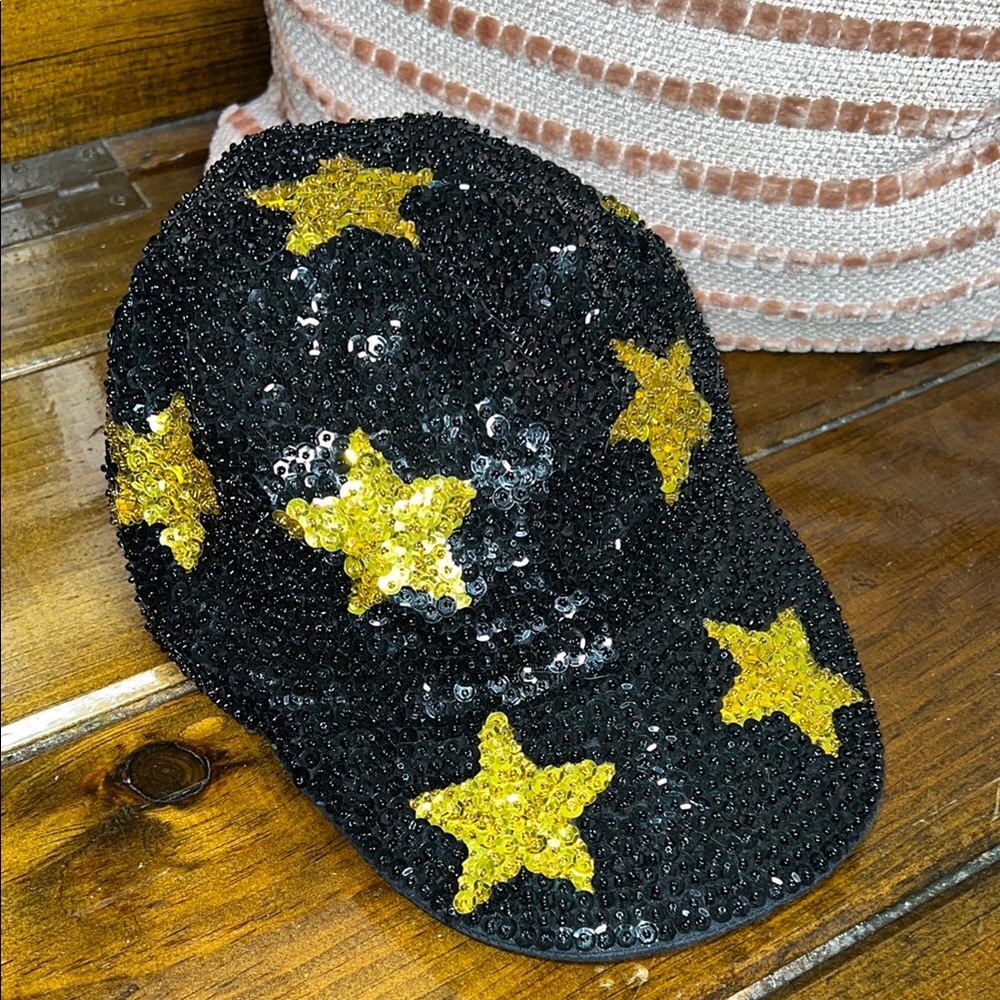 Vintage Sequin‎ Star Cap Black and Gold- OS